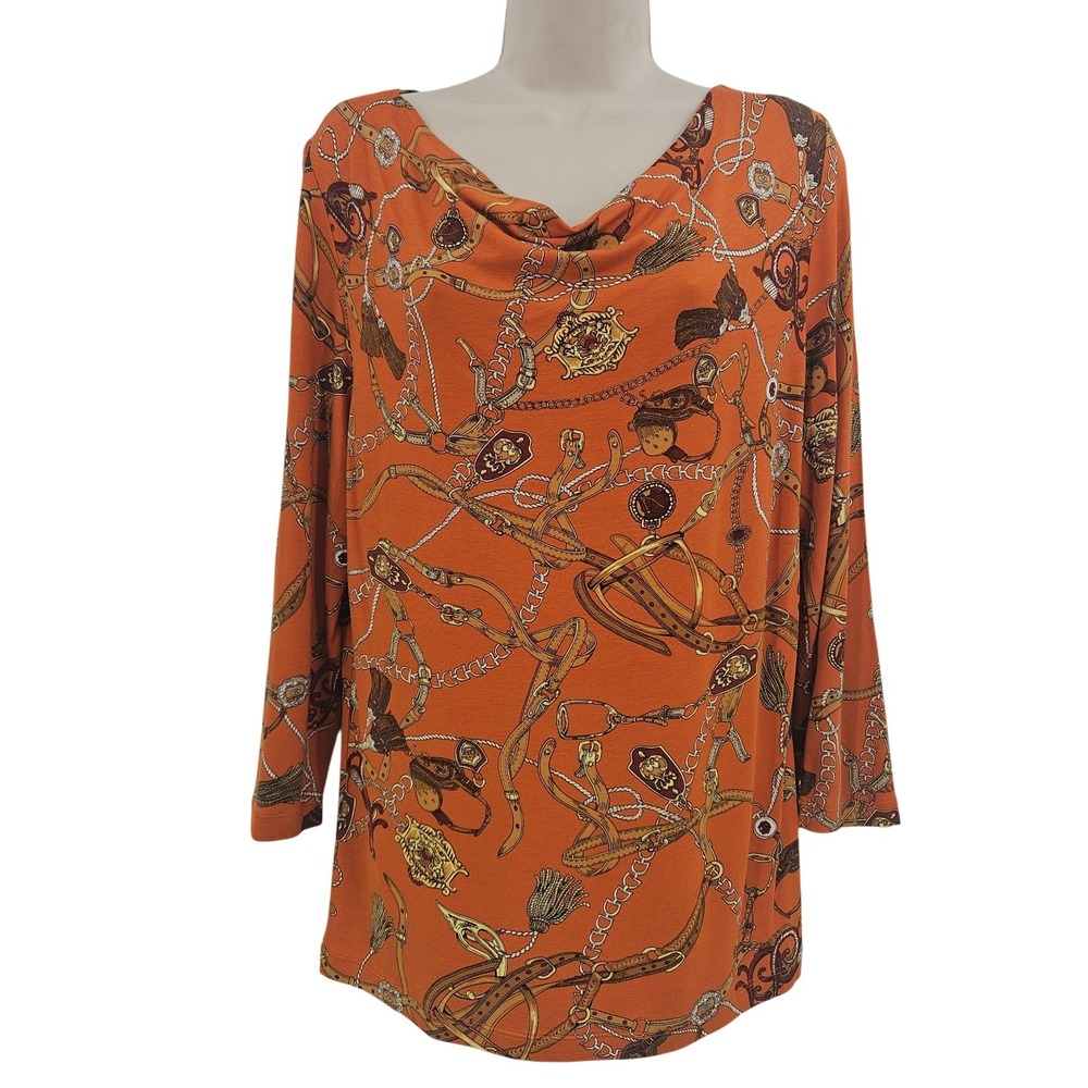 Talbots Shirt Womens Small Petite Orange Cowl Neck Long Sleeve Equestrian Print